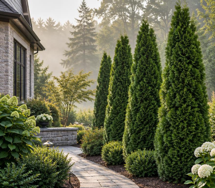 Emerald Green arborvitae in a landscaped yard