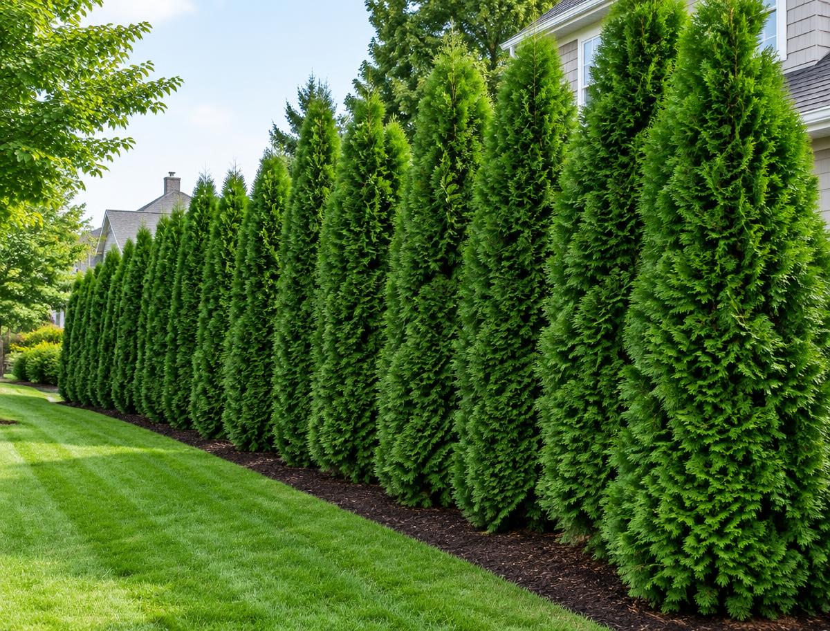 A lush row of privacy evergreen trees installed along a residential property line